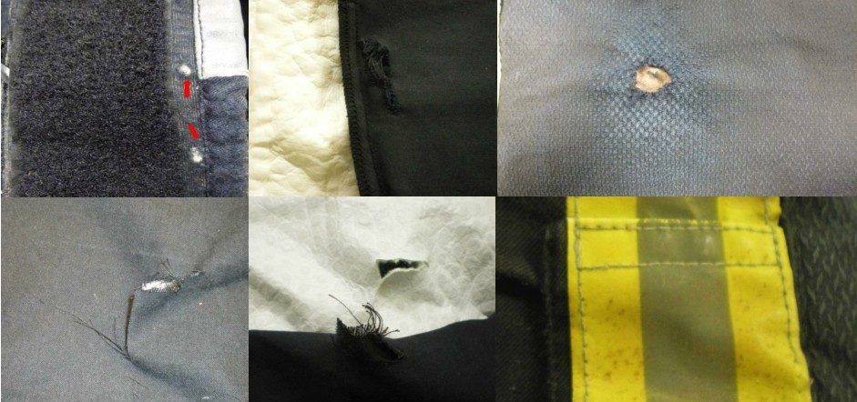 Typische Schäden an Einsatzkleidung: Löcher, Brandstellen, beschädigte Reflexstreifen