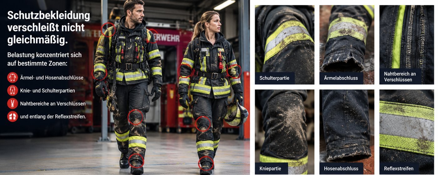 Schaubild: Verschleißzonen an Feuerwehrschutzkleidung — Schulterpartie, Ärmelabschluss, Nahtbereiche an Verschlüssen, Kniepartie, Hosenabschluss und Reflexstreifen